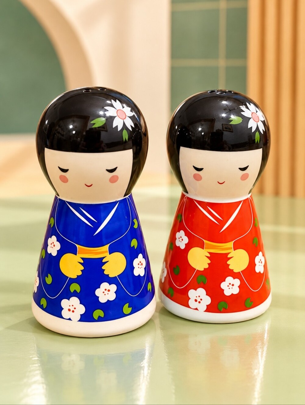 Kokeshi Doll Salt & Pepper Shakers Red Blue Floral Ceramic Set of 2
